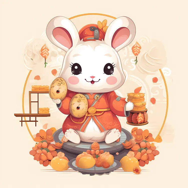 Cute Bunny Holding Food with Autumn Decorations