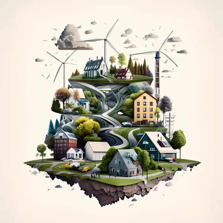 Wind turbines and houses in a rural landscape