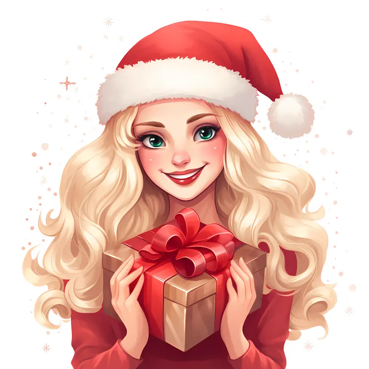 Blonde Girl with Santa Hat Holding a Gift