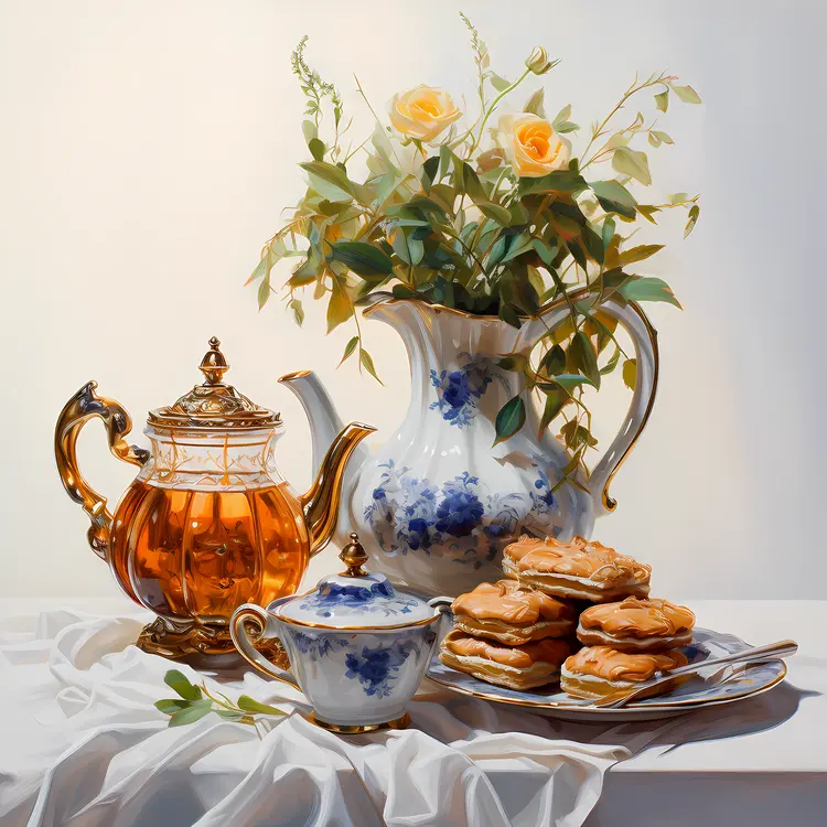 Elegant Tea Set with Flowers and Cookies