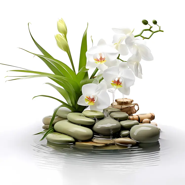 White Orchids and Stones in Zen Garden