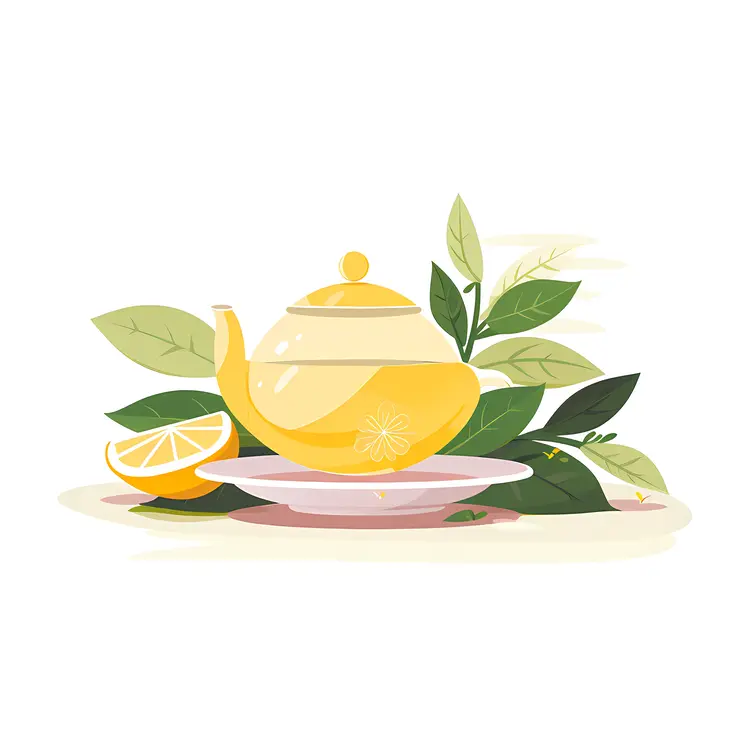 Yellow Teapot with Lemon and Leaves