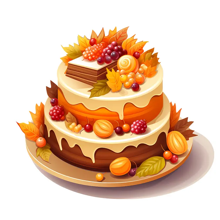 Two-tier Fall Cake with Leaves and Berries