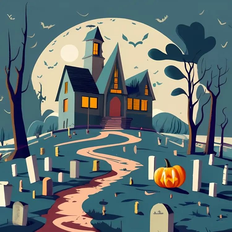 Spooky Haunted House with Graveyard and Pumpkin