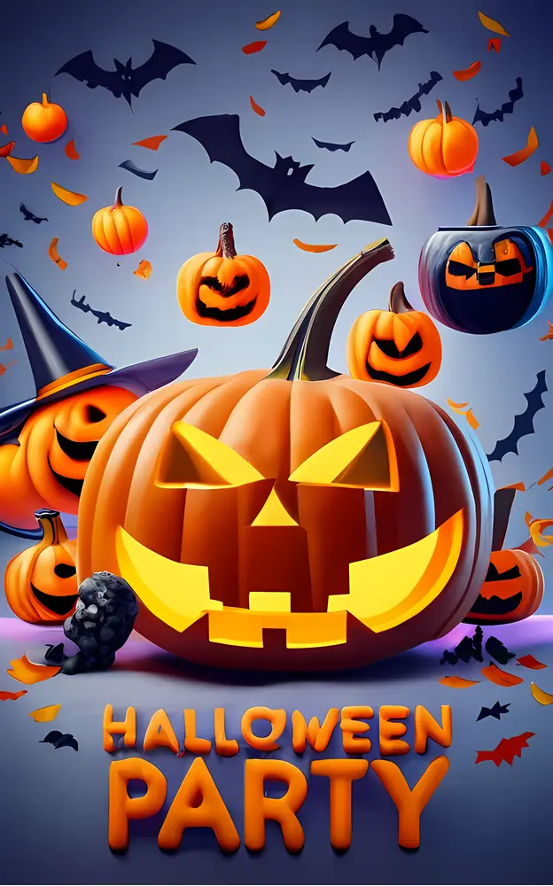 Halloween Party with Jack-o'-lanterns and Bats