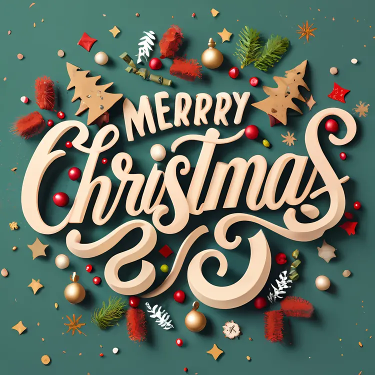 Merry Christmas Text with Decorations and Ornaments