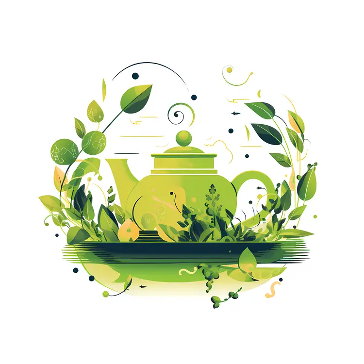 Green Teapot with Leaves on a Plate