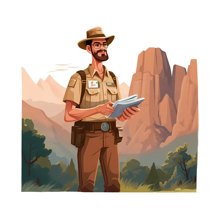 Park Ranger with Notebook in Mountain Landscape