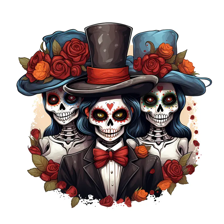 Skeletons with Hats and Flowers for Day of the Dead