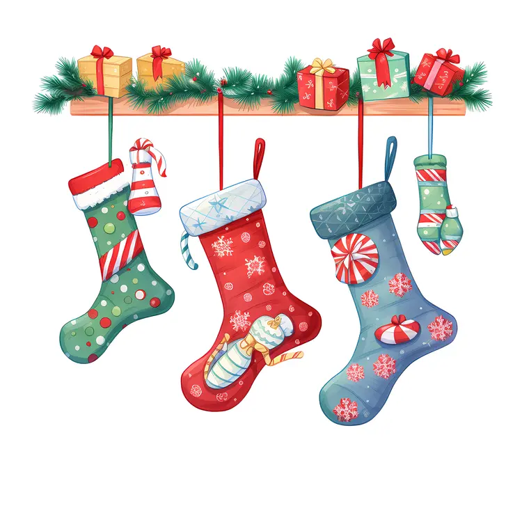 Colorful Christmas Stockings with Gifts and Decorations