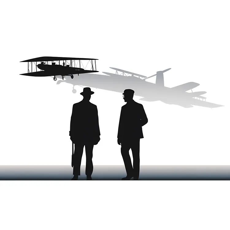 Silhouette of Two Men with Biplane and Modern Aircraft