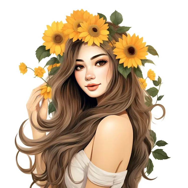 Beautiful Woman with Sunflowers in Hair