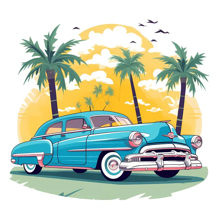Classic Car with Palm Trees at Sunset