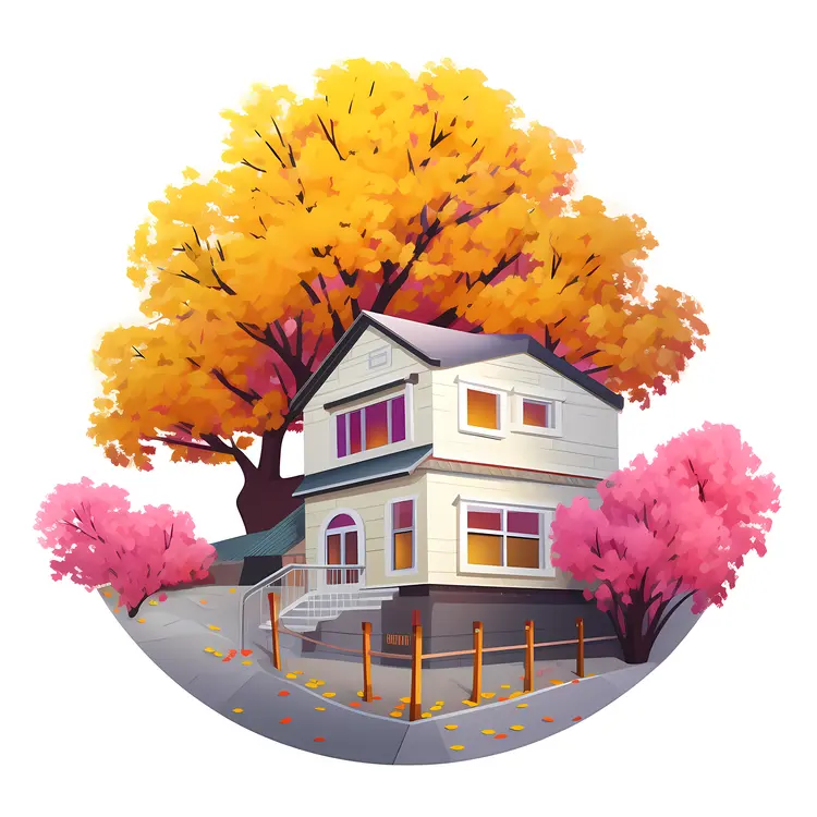 Small cute doodle house with autumn trees