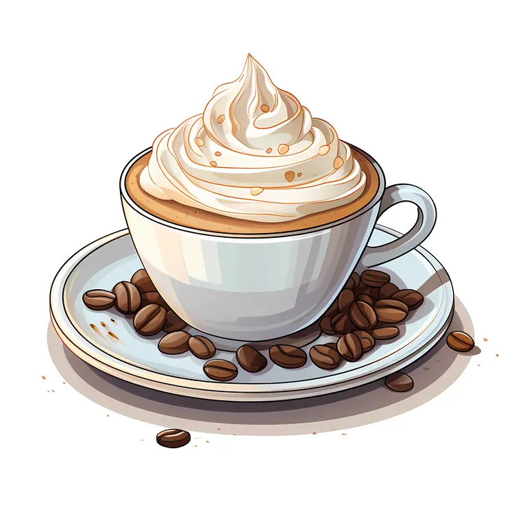 Cup of Coffee with Whipped Cream and Coffee Beans