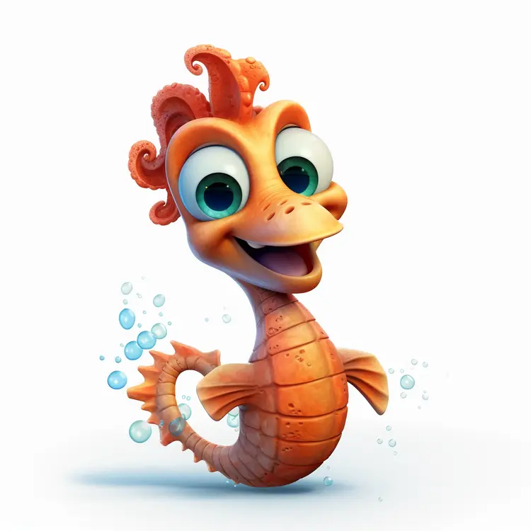 Cute Orange Cartoon Seahorse with Bubbles
