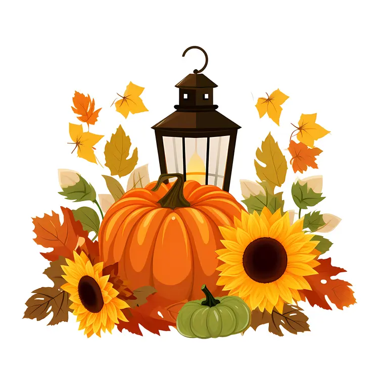 Autumn Harvest Pumpkin with Lantern and Sunflowers