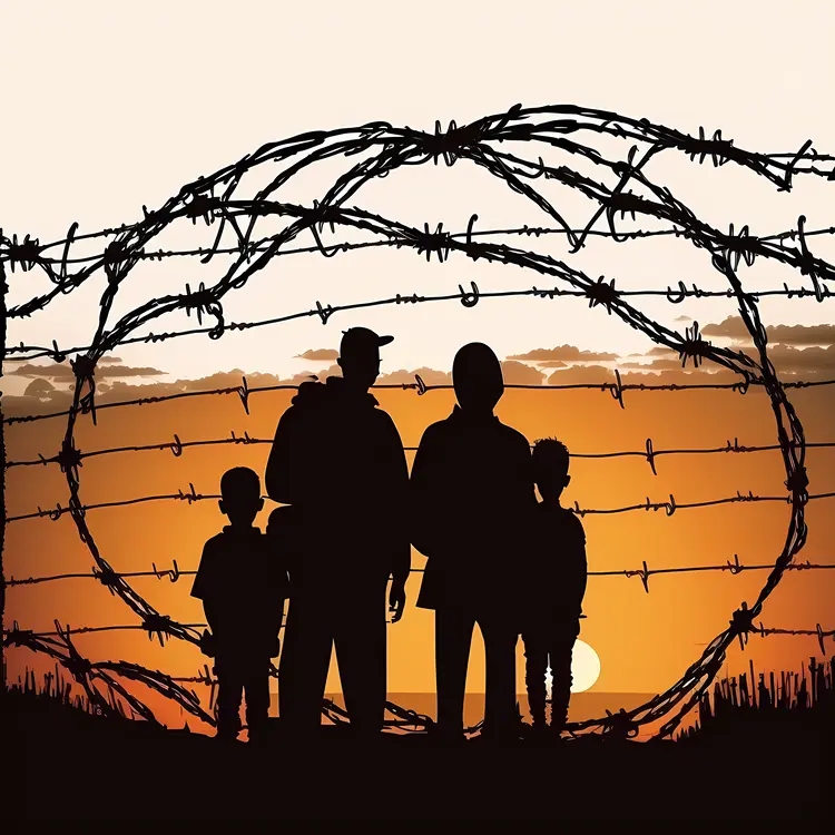 Silhouette of Refugee Family at Barbed Wire Fence