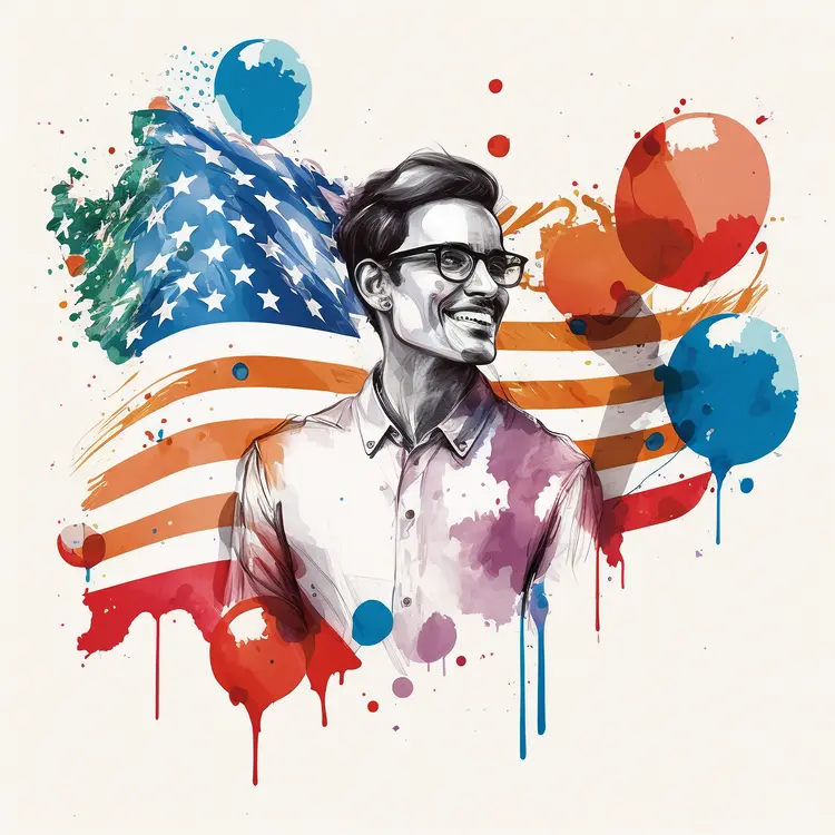 Man Celebrating Independence Day with American Flag and Balloons