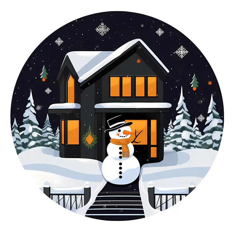 Snowman in Front of House with Falling Snowflakes