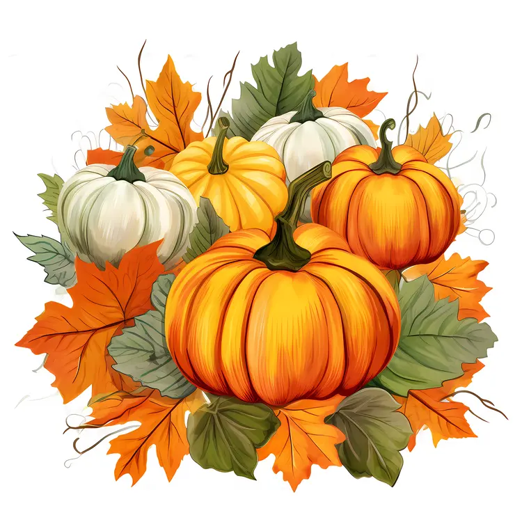 Beautiful Pumpkins with Autumn Leaves for Fall Season