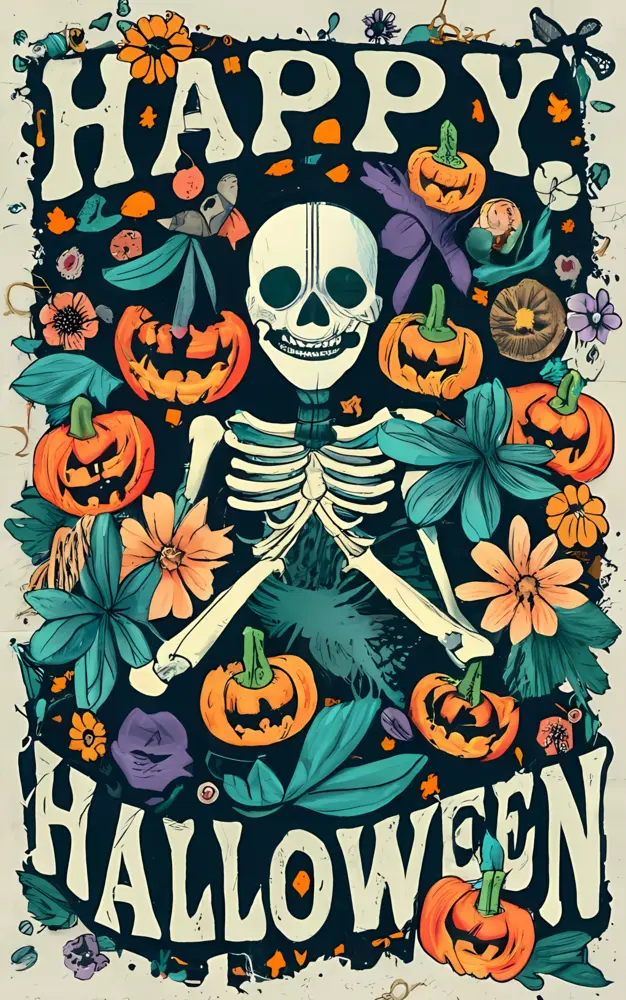 Skeleton with Pumpkins and Flowers