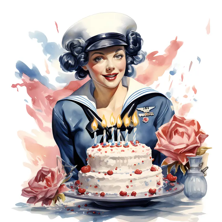 Woman in Navy Uniform with a Birthday Cake