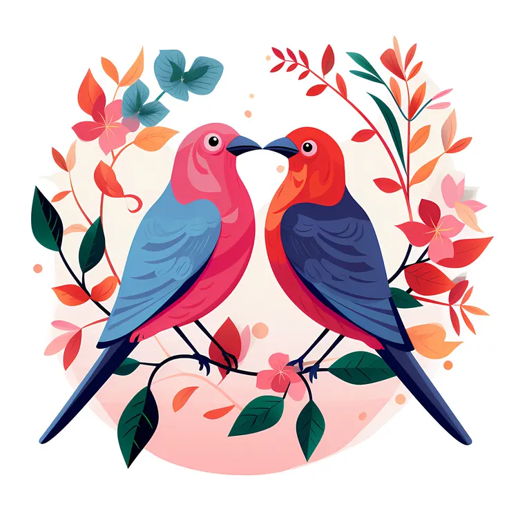 Colorful Birds on a Branch with Autumn Leaves