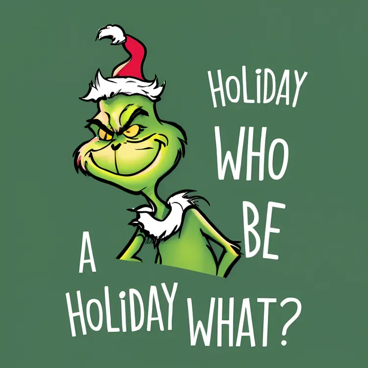 Grinch in Santa Hat with 'Holiday Who Be A Holiday What?' Text