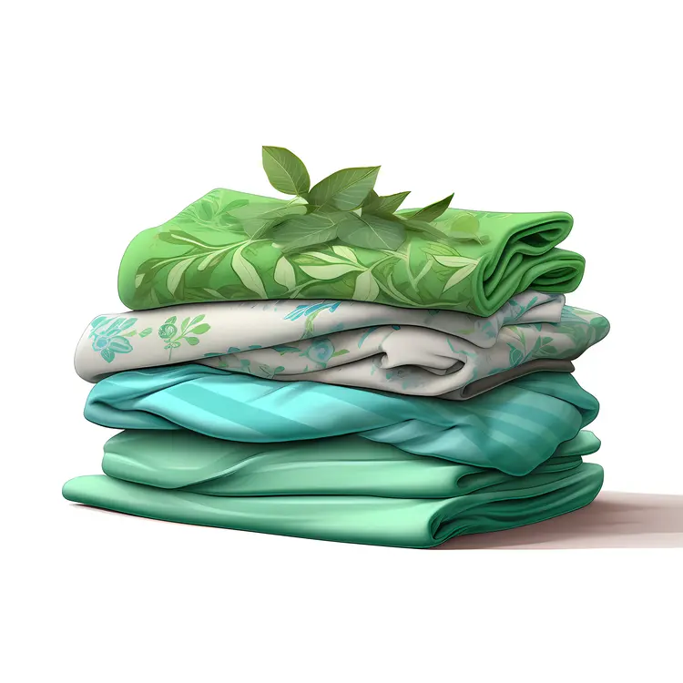 Neatly Stacked Green and Blue Folded Clothes with Leaf
