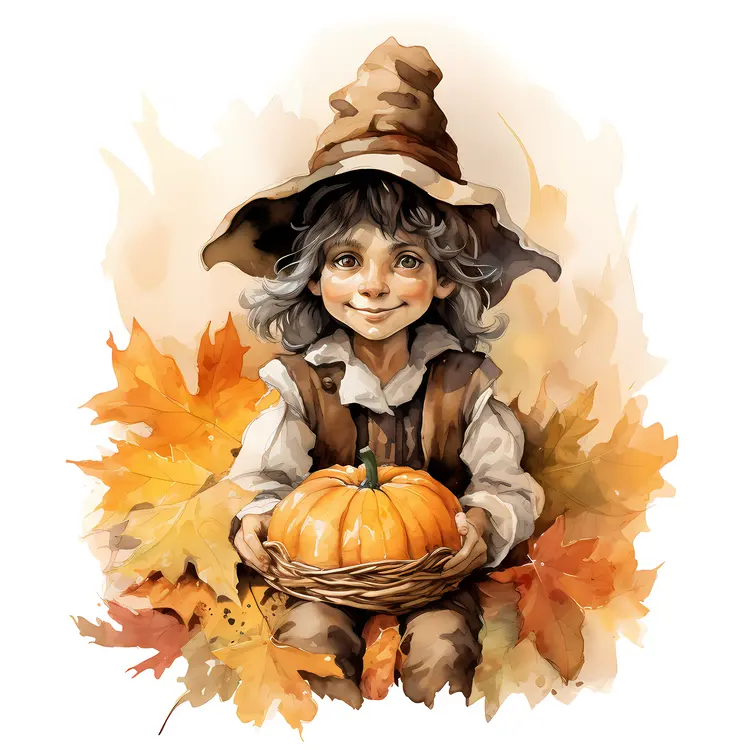 Child with Pumpkin in Autumn Illustration