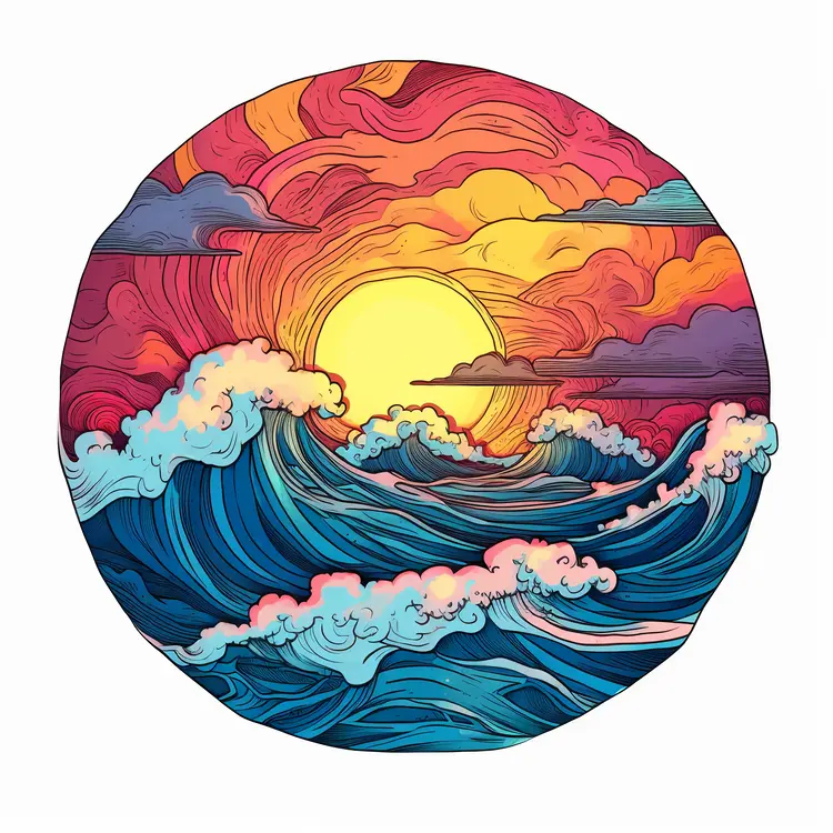 Vibrant Sunset Over Ocean Waves Illustration
