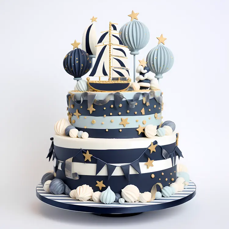 Navy Blue Cake with Stars and Balloons