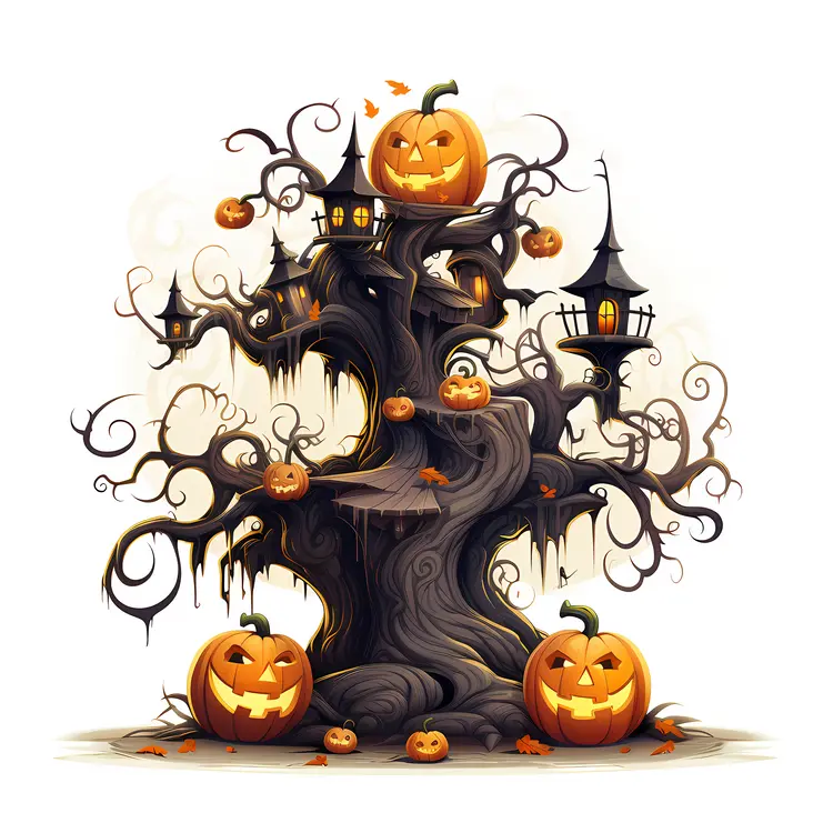 Haunted Tree with Pumpkins and Lanterns