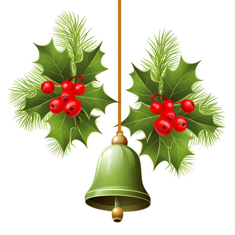 Green Bell with Holly Leaves and Red Berries for Christmas