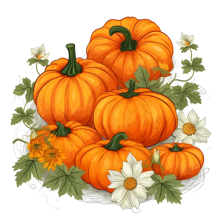 Orange Pumpkins with Flowers and Leaves