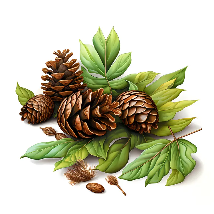 Pine Cones and Green Leaves Illustration
