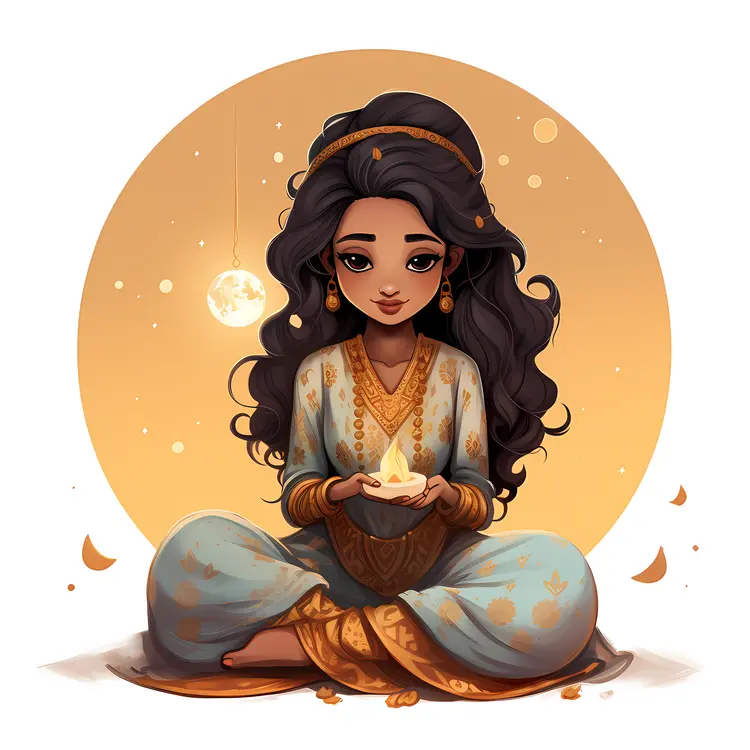 Girl Holding Lamp in Traditional Dress