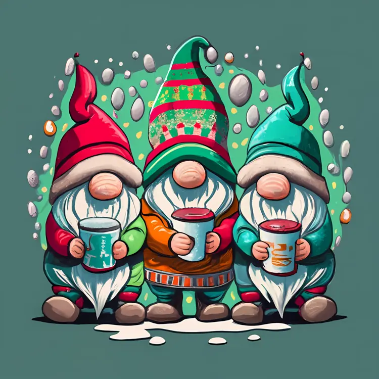 Three Gnomes with Christmas Mugs