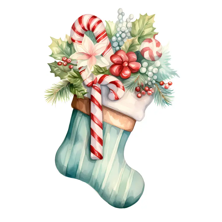 Christmas Stocking with Candy Cane and Flowers