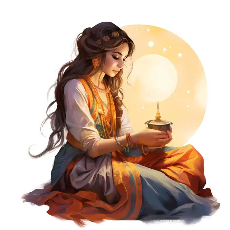 Girl Holding Lamp in Traditional Dress