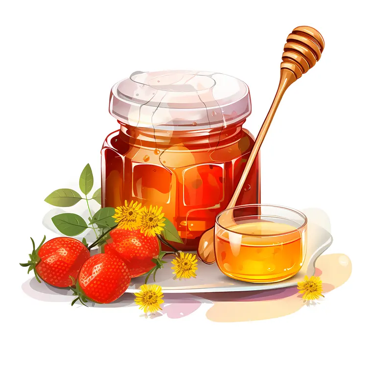 Honey Jar with Strawberries and Flowers
