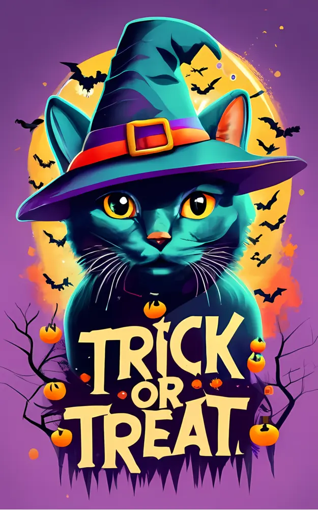 Black Cat in Witch Hat with Trick or Treat Text