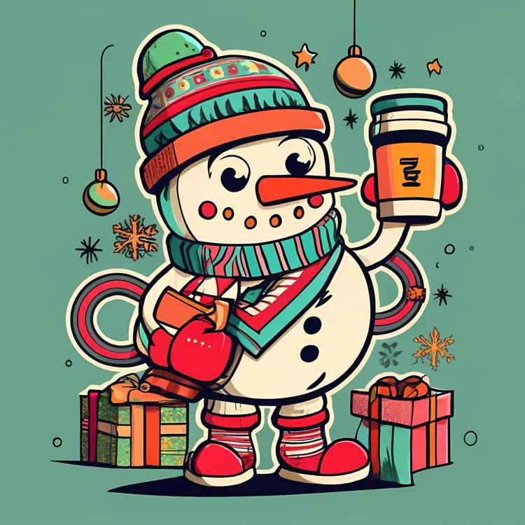 Snowman with Coffee and Gifts