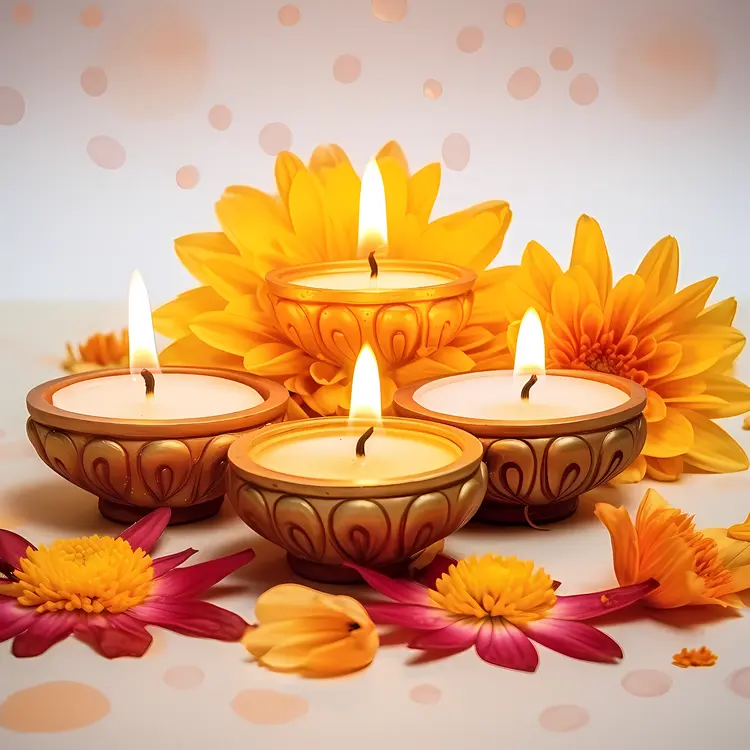 Four Candles with Flowers for Diwali
