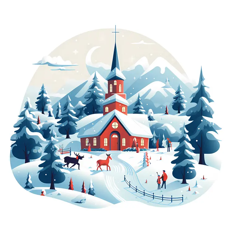 Snowy Church in Winter Landscape