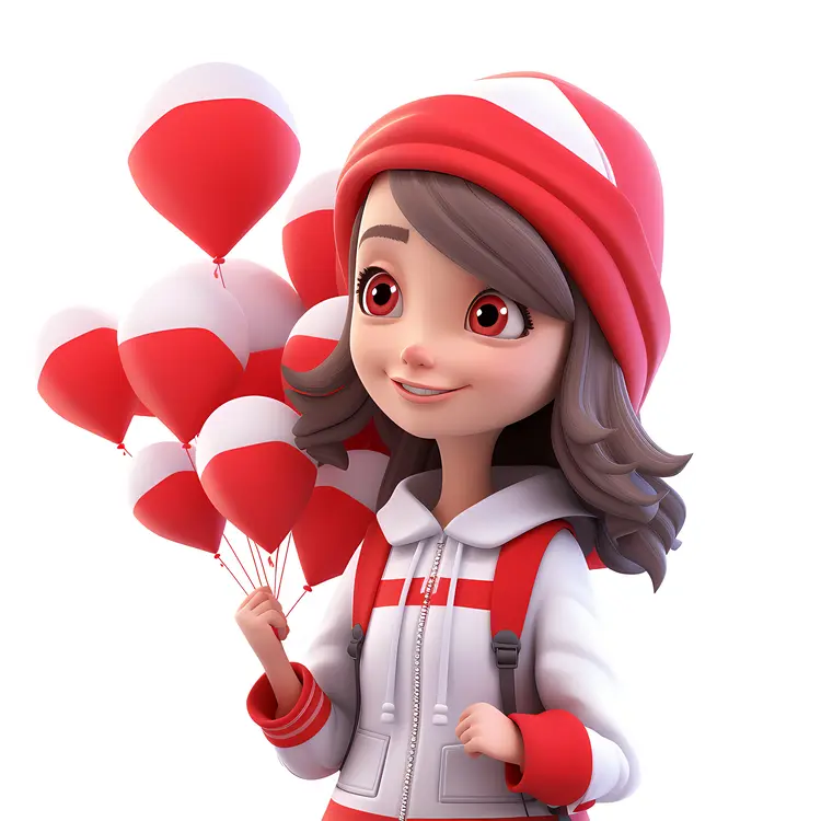 Girl Holding Red and White Balloons in Cute Outfit