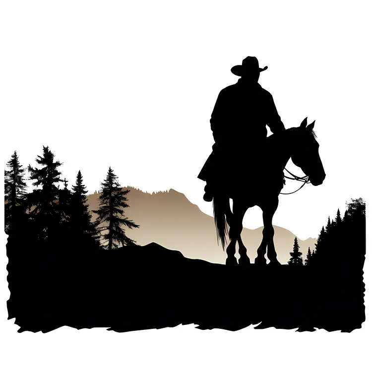 Cowboy on Horseback Silhouette in Mountain Landscape