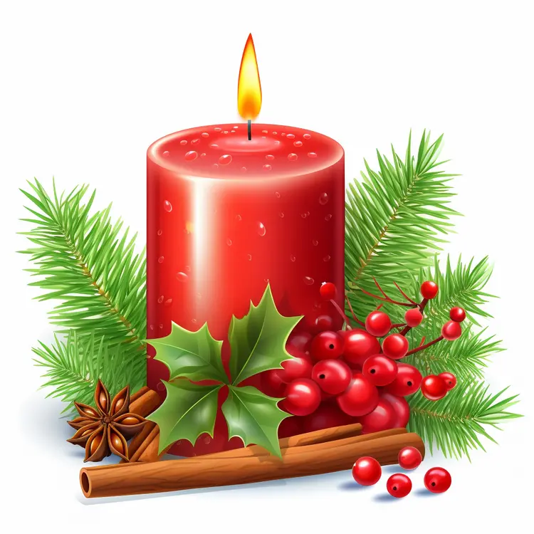 Red Candle with Holly and Cinnamon for Christmas