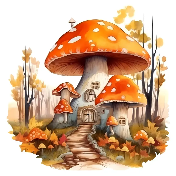 Large cute mushroom house with autumn leaves